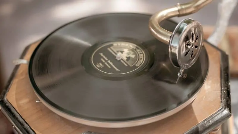 Closeup of vinyl on a gramophone