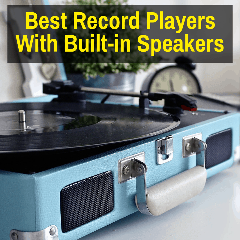 A record player with built-in speakers