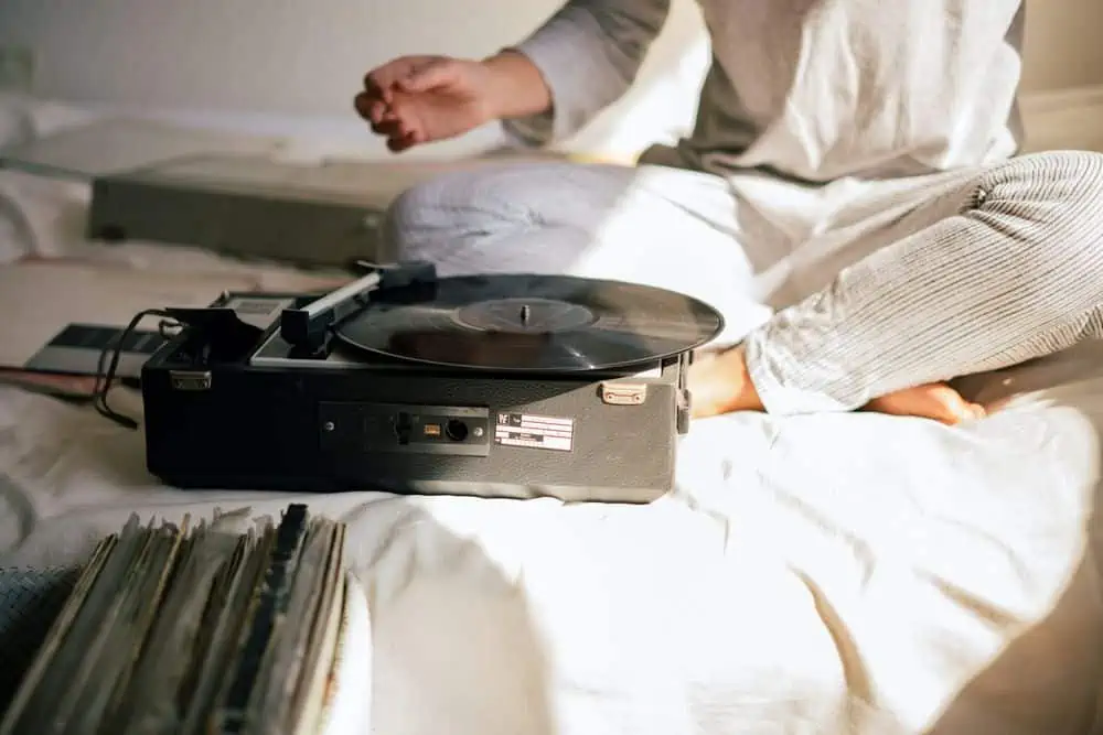 record player on bed